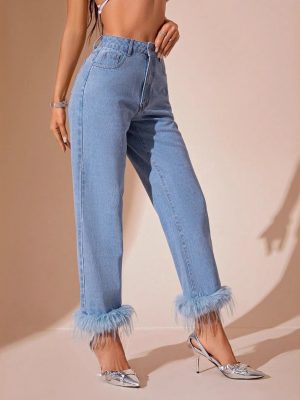 Furry Stitching Straight All-Match Jeans for Women