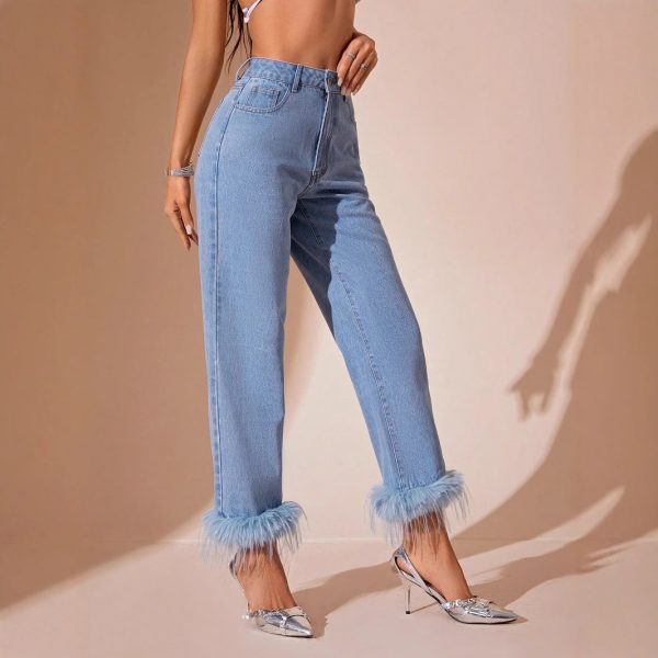 Furry Stitching Straight All-Match Jeans for Women