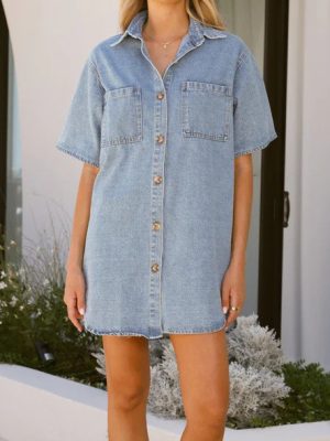 Summer Short Sleeve Collared Casual Denim Dress for Women