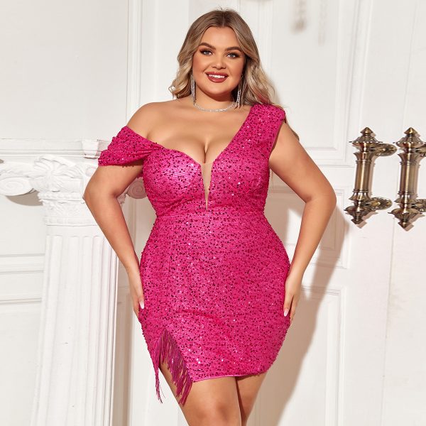 Plus Size Rose Red Slim Fit Waist-Tight Dress – Graceful Elegance