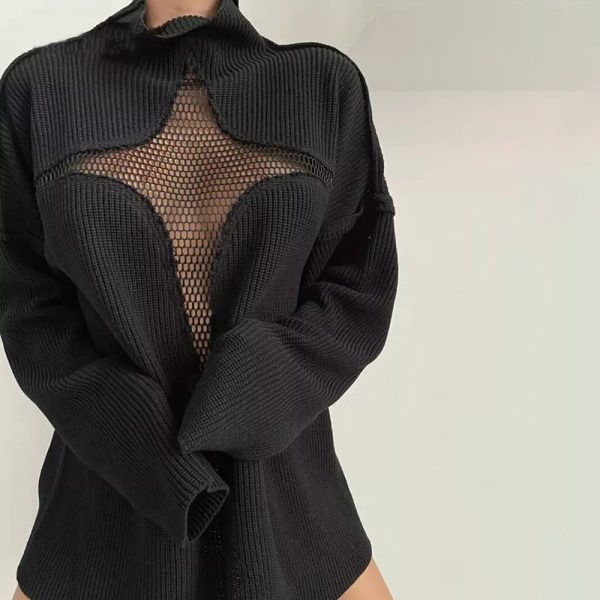 Hollow Out Cutout High Collar Knitted Sweater Pullover for Autumn Winter - Image 2