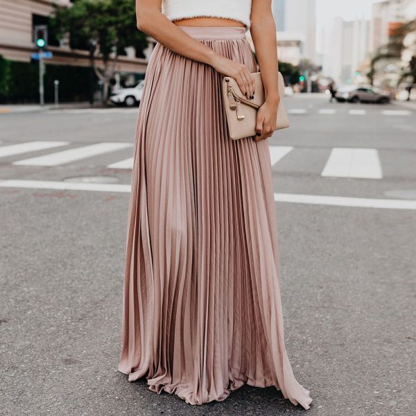 Summer Elegant Pleated Solid Color Wide Hem Skirt