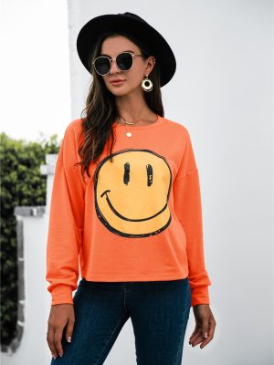 Round Neck Smiley Face Print Casual Long Sleeve Sweatshirt for Women