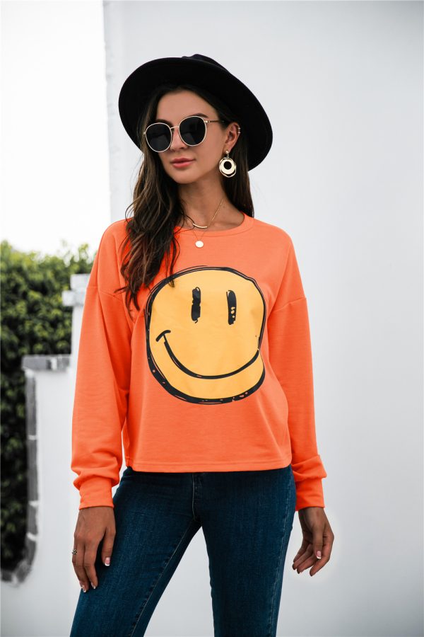 Round Neck Smiley Face Print Casual Long Sleeve Sweatshirt for Women