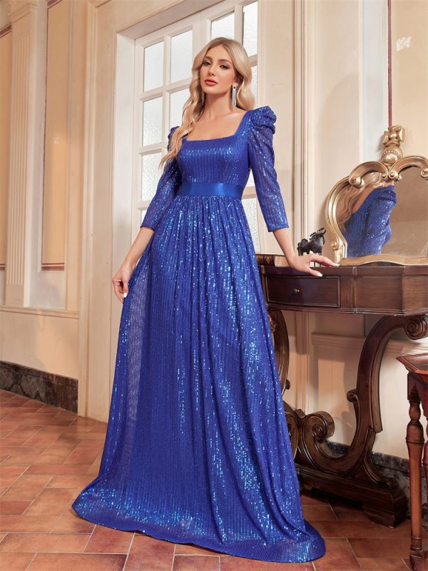 Women’s Sequin Blue Long Sleeved Evening Dress - Image 3