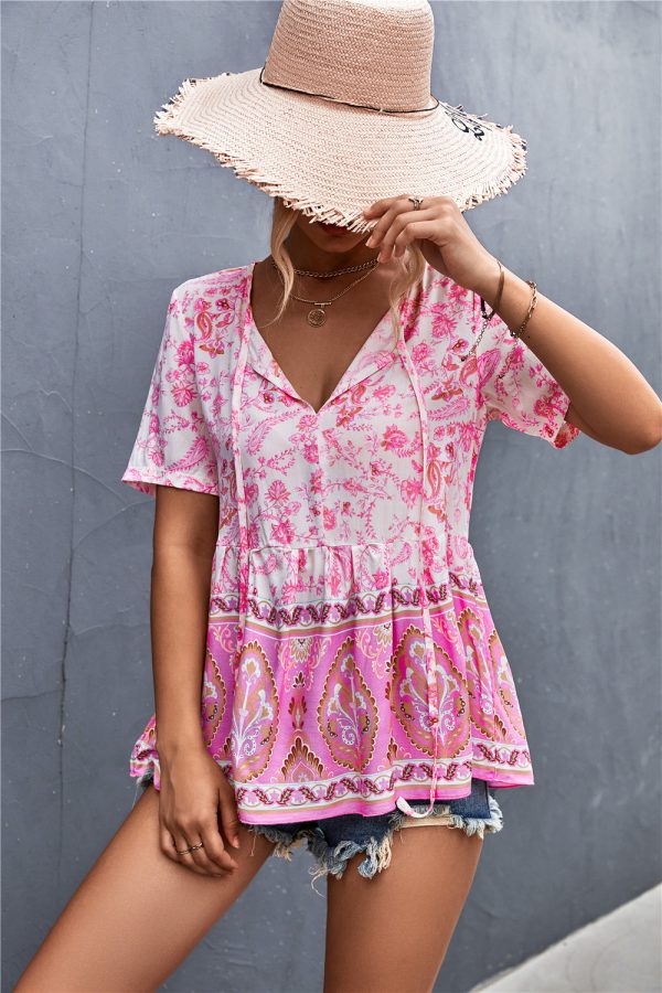 Spring Summer Bohemian V-Neck Lace-Up Floral Top for Women - Image 2