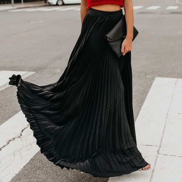 Summer Elegant Pleated Solid Color Wide Hem Skirt - Image 3