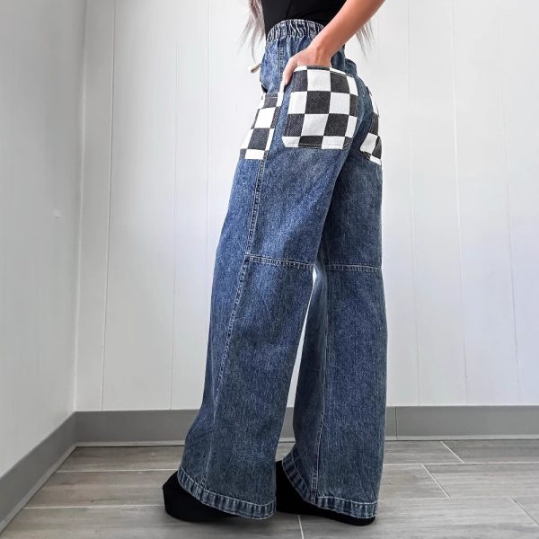 Spring Casual Loose Plaid Contrast Color Denim Trousers for Women - Image 2