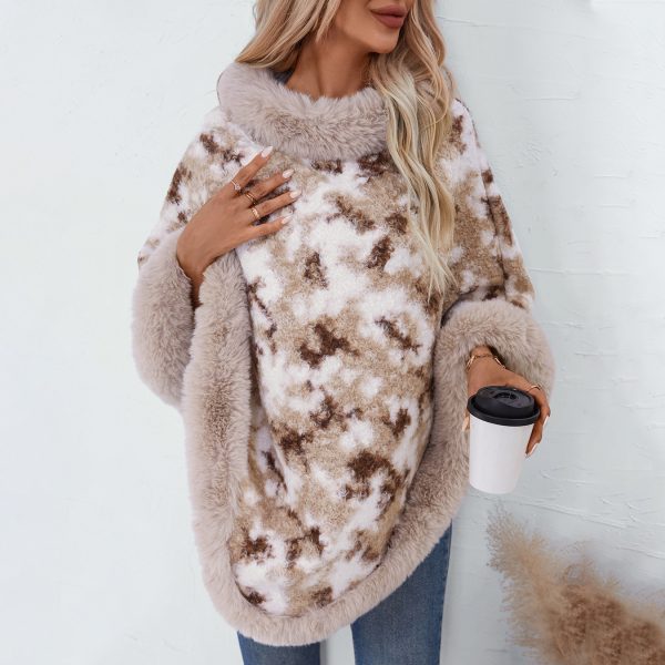 Fur Collar Leopard Print Knitted Cape Sweater for Women - Image 4