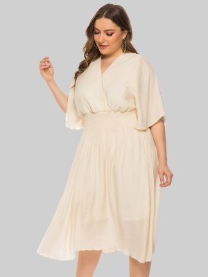 Plus Size V-Neck Waist-Controlled Flying Sleeve Summer Dress