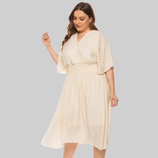 Plus Size V-Neck Waist-Controlled Flying Sleeve Summer Dress