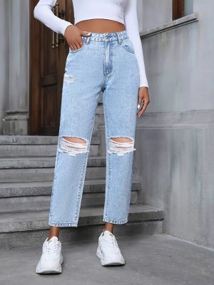 Women Clothing Casual Loose Straight Ripped Denim Trousers