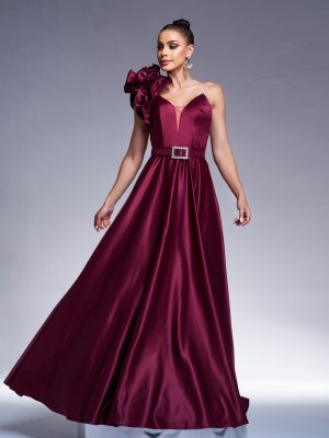 Elegant One Shoulder Diagonal Collar Waist Controlled Large Hem Evening Dress