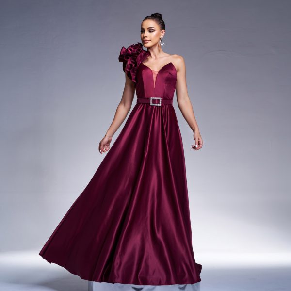 Elegant One Shoulder Diagonal Collar Waist Controlled Large Hem Evening Dress