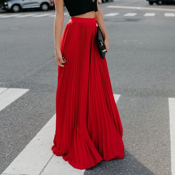 Summer Elegant Pleated Solid Color Wide Hem Skirt - Image 4