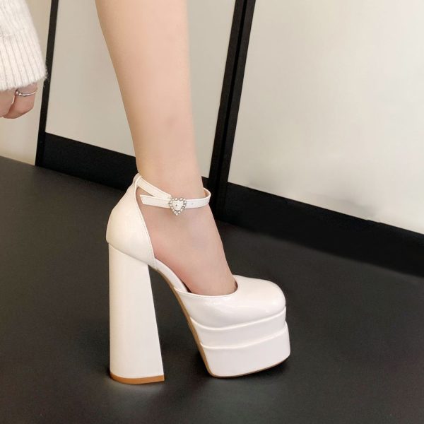 Patent Leather Heart Rhinestone Platform Strap High Heels