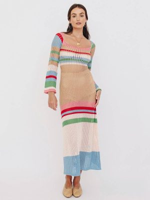 Autumn Mid-Length Contrast Color U Collar Knitted Dress for Women