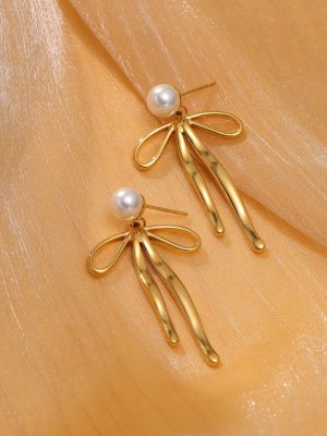 Pearl Bow Titanium Steel Earrings Women High Grade Studs