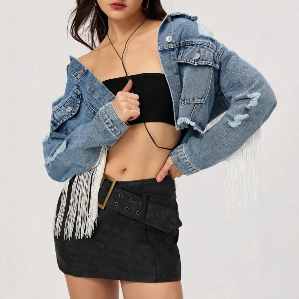 Personalized Street Style Short Tassel Ripped Denim Coat for Women - Image 4