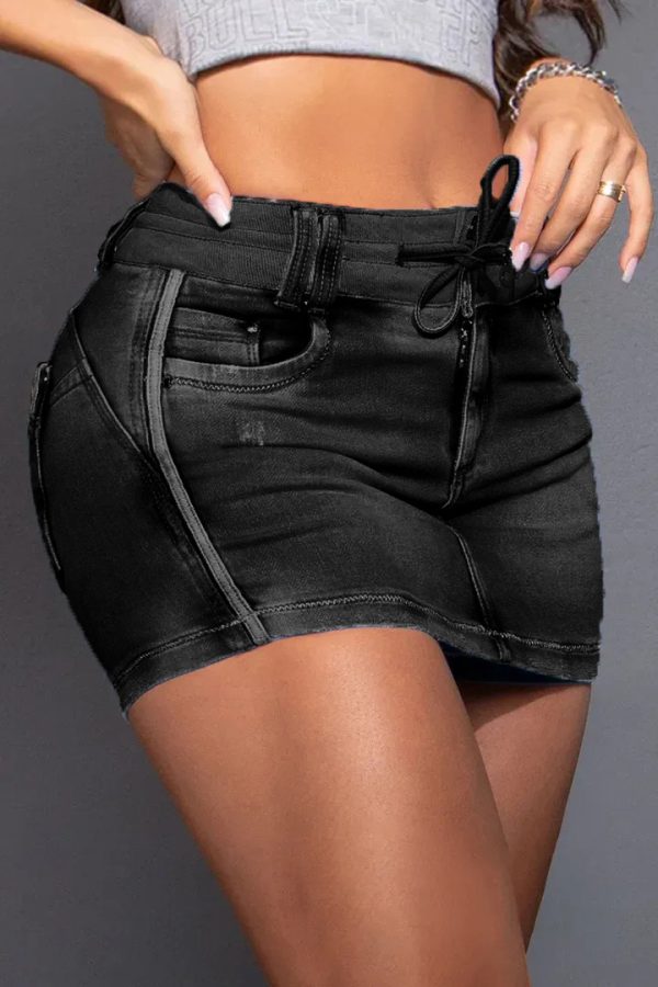 Summer Denim Skirt with Stitching Details and Adjustable Drawstring Waist - Image 3