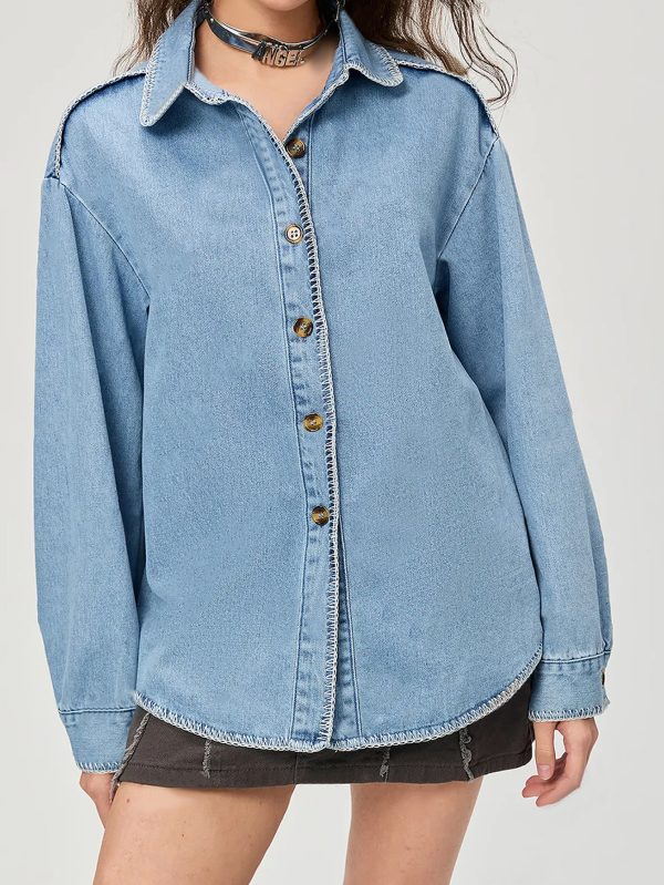 Street Style Polo Collar Long Sleeve Denim Shirt for Women - Image 3