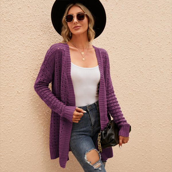 Mid-Length Loose Office Knitted Coat Solid Color Long Sleeve Sweater Cardigan