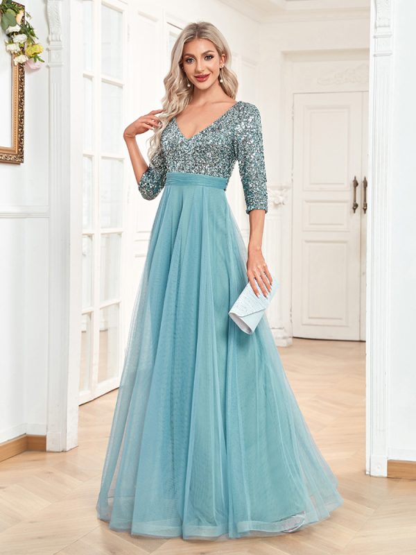 V Neck Short Sleeve Sequined Tulle A-Line Floor-Length Elegant Prom Evening Party Dress - Image 2