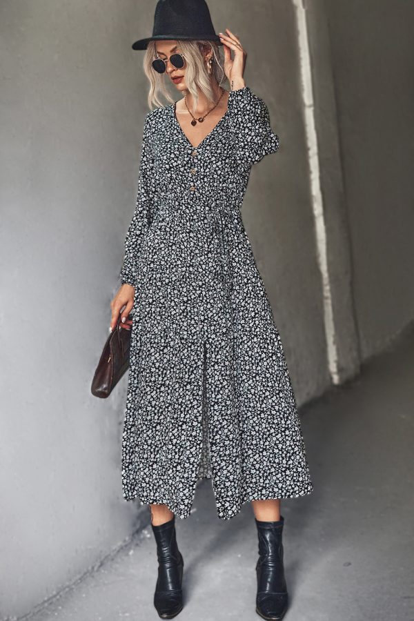 Autumn Women’s V-Neck Floral Long Sleeve Split Maxi Dress - Image 3