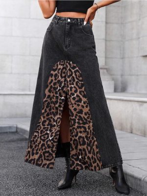 Fall Street Style All-Match Leopard Print Denim Skirt for Women