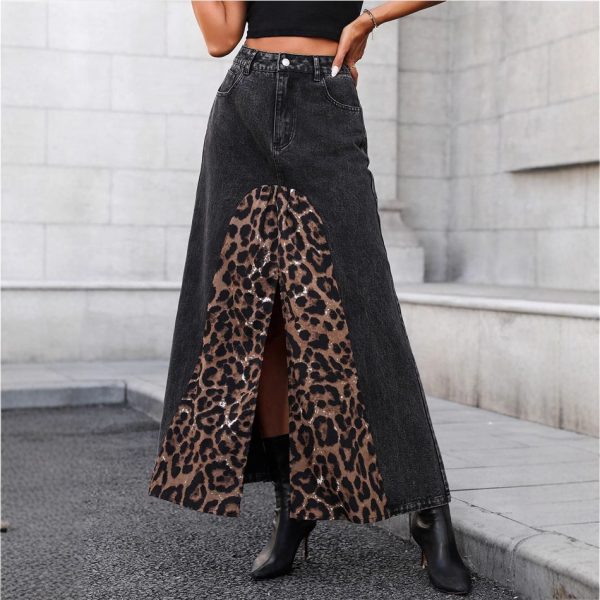 Fall Street Style All-Match Leopard Print Denim Skirt for Women