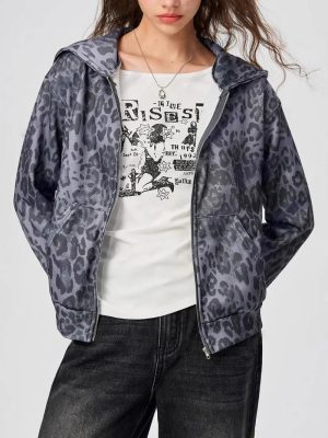 Women’s Autumn Winter Vintage Leopard Print Hooded Jacket