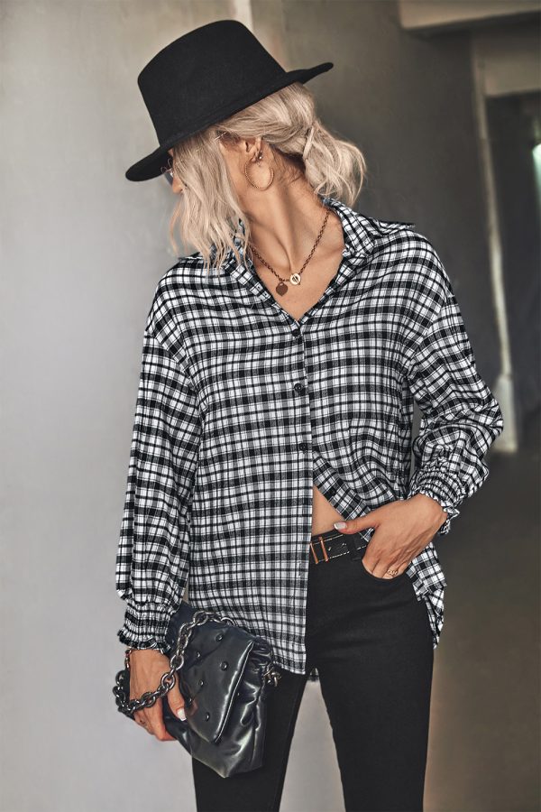 Autumn Winter Loose Puff Sleeve Plaid Shirt for Women - Image 2