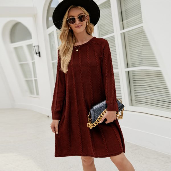 Fall Winter Solid Color Long Sweater Dress Round Neck Twisted Loose A-Line Knitted Dress - Image 3