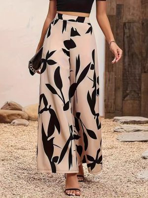 High-Waist Leaf Print Wide-Leg Pants