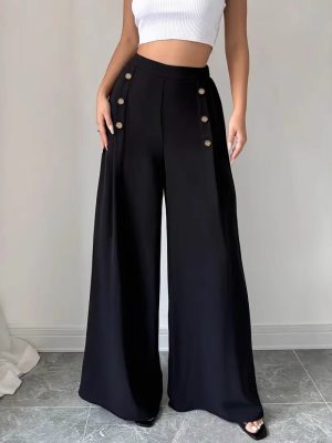 Women’s High Waist Solid Color Wide Leg Pants