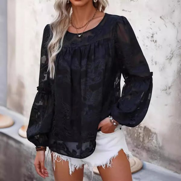 Women’s Cut Floral Design Lantern Sleeve Long Sleeve Top - Image 2