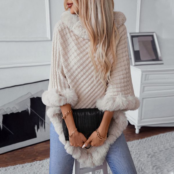 Solid Color Fur Collar Plaid Knitted Cape Sweater for Women - Image 3