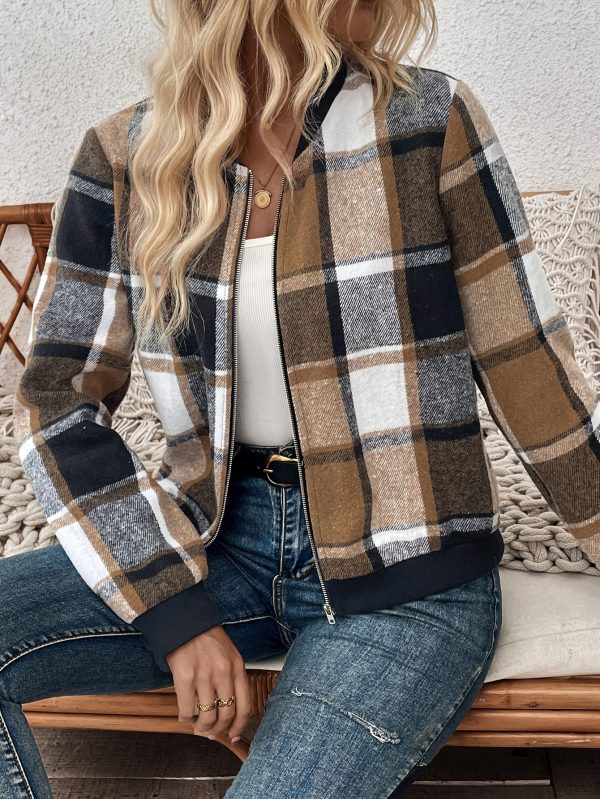 Women’s Brushed Plaid Zipper Jacket - Image 2