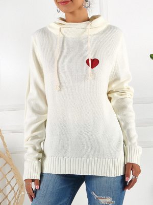 Valentine’s Day Pullover Love Sweater Casual Loose Pile Collar Drawstring Long Sleeve Knitted Top