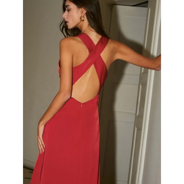 Women Clothing Sexy Elegant Backless Satin Dress Spring Slim Fit Dress - Image 3