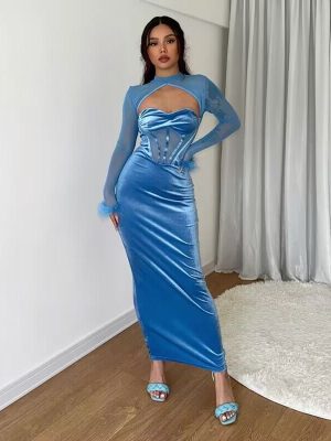 Plush Mesh Stitching Hollow Out Cutout Slim Fit Nightclub Dress