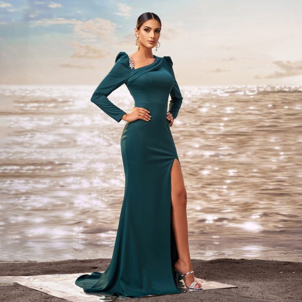 Long Sleeve Diagonal Collar Slim Fit Sheath Fishtail Split Cocktail Evening Dress - Image 2