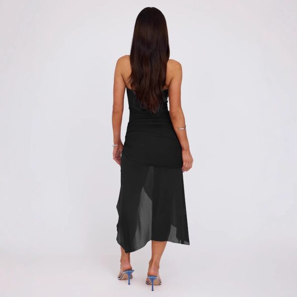 Sexy Backless Tube Top Mesh Patchwork Asymmetric Dress - Image 3