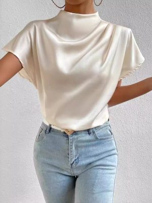 Round Neck Short Sleeve Left Shoulder Pleated T-shirt Satin Women Top