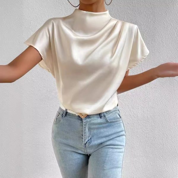 Round Neck Short Sleeve Left Shoulder Pleated T-shirt Satin Women Top