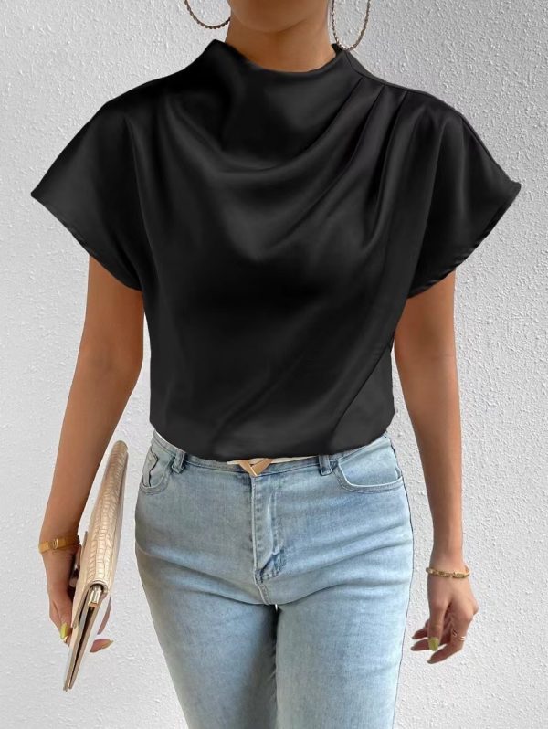 Round Neck Short Sleeve Left Shoulder Pleated T-shirt Satin Women Top - Image 2