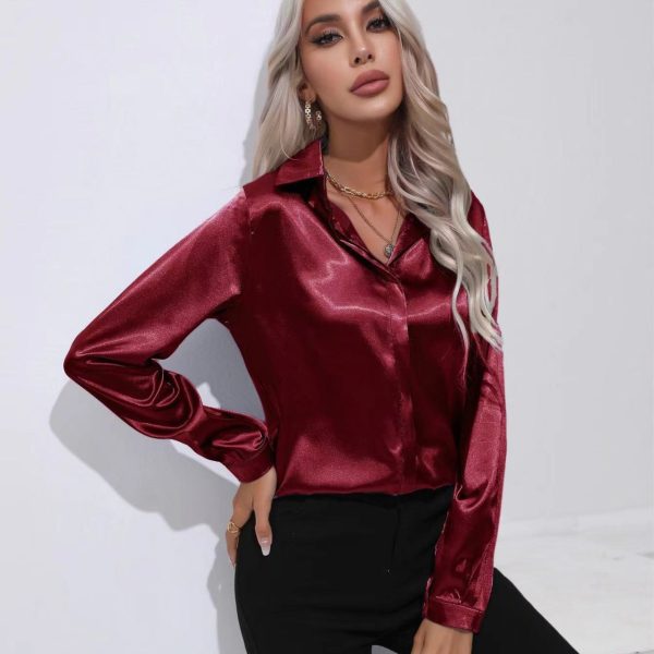 One Button Satin Shirt Office Long Sleeve Shirt Spring Summer Loose Top