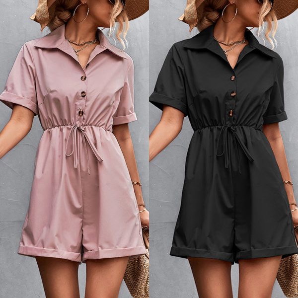 Spring Summer Shirt Collar Lace-Up Short Sleeve Romper for Women - Image 5