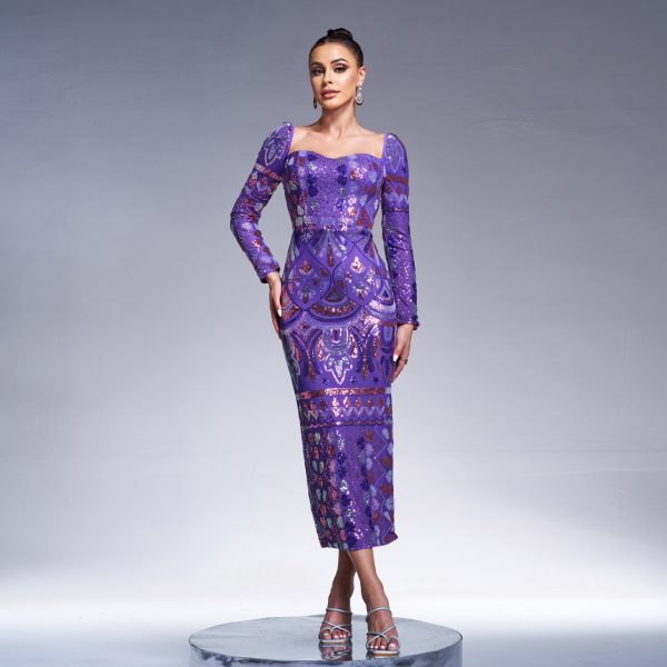 High-End Long Sleeve Square Collar Sequined Cocktail Dress - Image 4