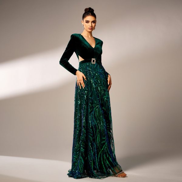 V-Neck Sequined Split Evening Dress - Image 2